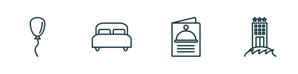 Poster - set of 4 linear icons from hotel and restaurant concept. outline icons included balloon, double bed, menu, beach hotel vector