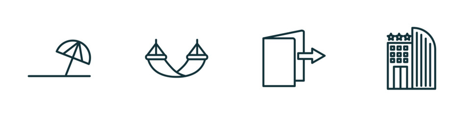 Poster - set of 4 linear icons from hotel and restaurant concept. outline icons included beach umbrella, hammock, check out, hotel vector