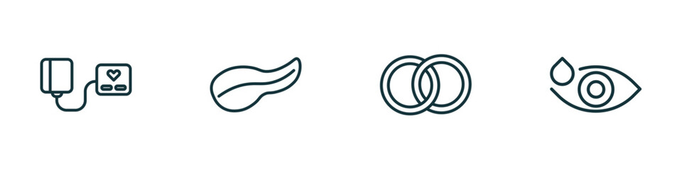 Poster - set of 4 linear icons from medical concept. outline icons included blood pressure gauge, pancreas, rings, eye drops vector