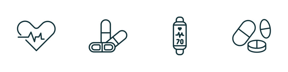 Poster - set of 4 linear icons from gym and fitness concept. outline icons included fitness heart, press simulator, fitness tracker, pill and tablet vector