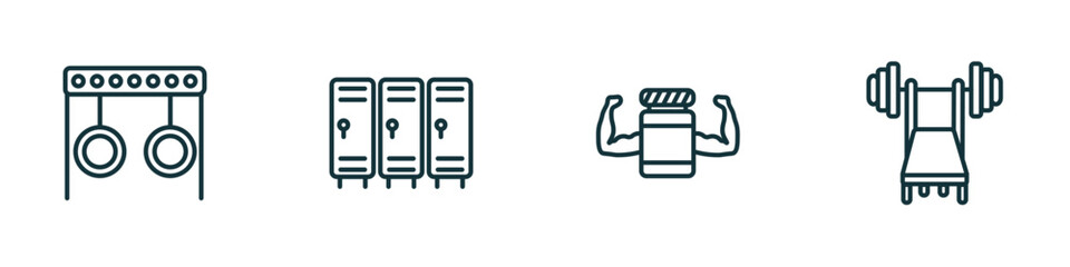 Poster - set of 4 linear icons from gym and fitness concept. outline icons included rings exercises, locker, protein, barbell bench press vector