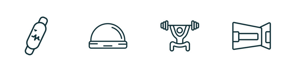 Poster - set of 4 linear icons from gym and fitness concept. outline icons included fitness bracelet, bosu ball, lifting barbell, lumbar belt vector