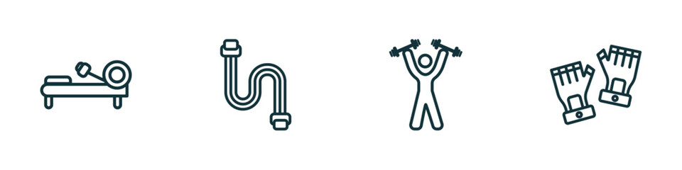 Poster - set of 4 linear icons from gym and fitness concept. outline icons included rowing hine, chest expanders, lifting dumbbells, fitness gloves vector