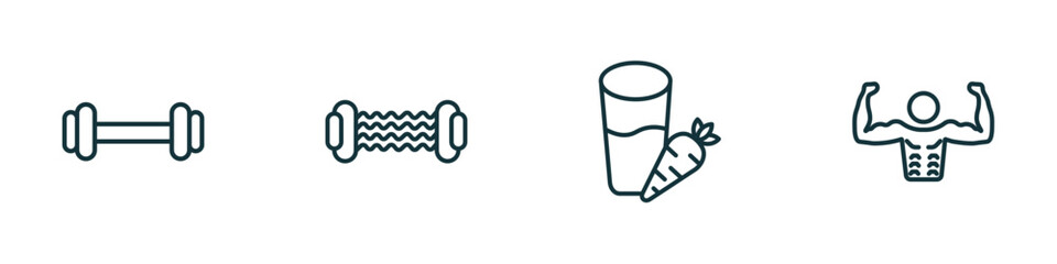 Poster - set of 4 linear icons from gym and fitness concept. outline icons included exercising dumbbell, resistance, vegetables juice, bodybuilder vector