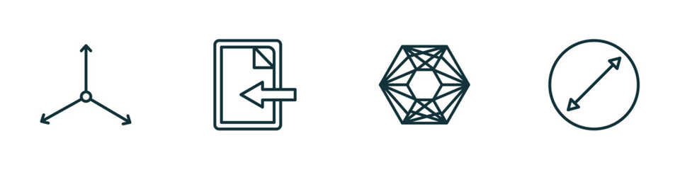 Poster - set of 4 linear icons from geometry concept. outline icons included axis, import, polygonal hexagonal, diameter vector
