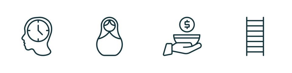 Poster - set of 4 linear icons from general concept. outline icons included patience, matryoshka, poor, stepladder vector