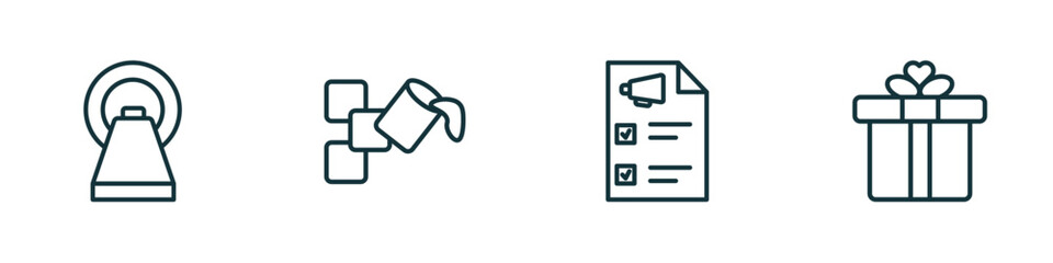 Poster - set of 4 linear icons from general concept. outline icons included mri scanner, live paint, marketing plan, birthday present vector