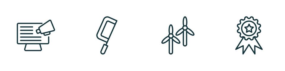 Poster - set of 4 linear icons from general concept. outline icons included social campaign, fretsaw, renewable energy label, win vector