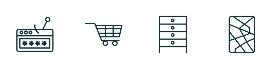 Poster - set of 4 linear icons from general concept. outline icons included password phishing, shopping trolley, office cabinet, fragments vector
