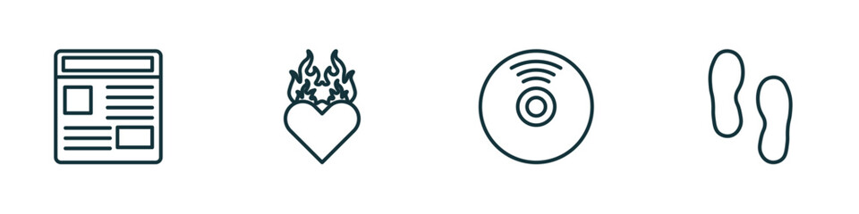Poster - set of 4 linear icons from general concept. outline icons included news feed, heart in flames, cd record, steps vector