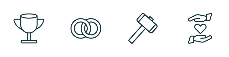 Poster - set of 4 linear icons from general concept. outline icons included winning, interlocking rings, sledgehammer, heart between hands vector