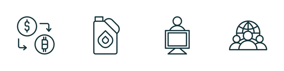 Poster - set of 4 linear icons from general concept. outline icons included crypto-exchange, engine oil, coworking, team vector