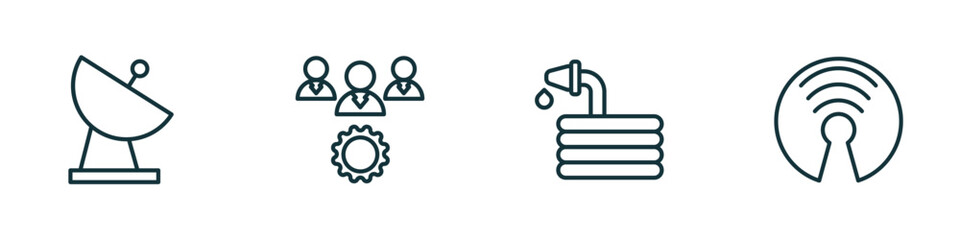 Poster - set of 4 linear icons from general concept. outline icons included satellite antenna, project team, hose with drops, open source vector
