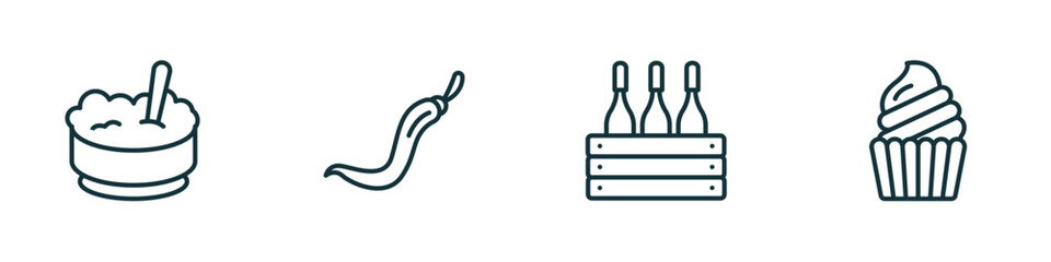 Poster - set of 4 linear icons from food concept. outline icons included rice bowl, spicy food, wine bottles in a box, muffin bake vector