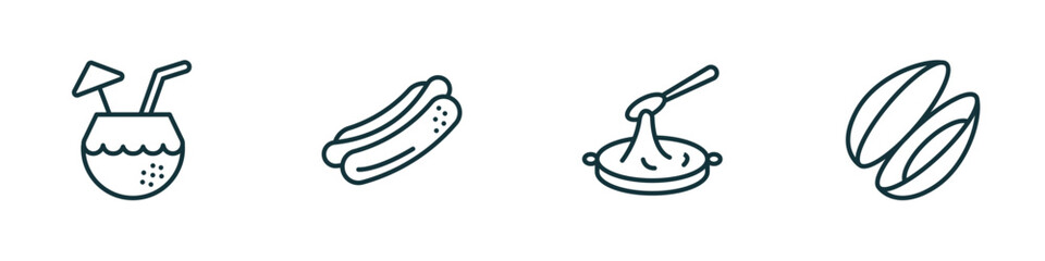 Poster - set of 4 linear icons from food concept. outline icons included drink in a coconut, hot dog with mustard, black sesame soup, mussel vector