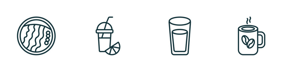 Poster - set of 4 linear icons from food concept. outline icons included wonton noodles, fresh smoothie, water glass, hot coffee cup vector