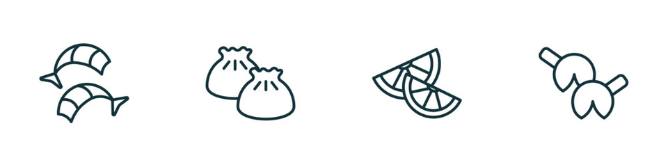 Poster - set of 4 linear icons from food concept. outline icons included shrimps, dumpling, lemon slice, fortune cookie vector