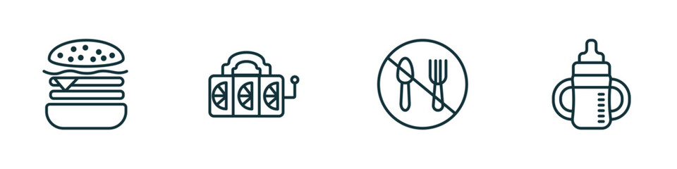 Poster - set of 4 linear icons from food concept. outline icons included hamburguer, slot, no eating, sippy cup vector