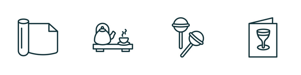 set of 4 linear icons from food concept. outline icons included wrapping, tea ceremony, lollypop, drinks menu vector