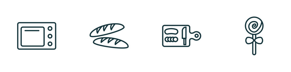 Poster - set of 4 linear icons from food concept. outline icons included kitchen pack, baguette, chop, jawbreaker vector