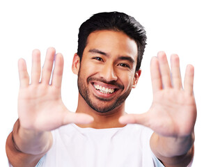 Poster - Palm, hand frame and portrait of a man for a selfie, creative aesthetic isolated in a transparent or png background. Smile, laughing and happy Asian person confident with a gesture for a photo