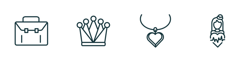 Poster - set of 4 linear icons from fashion concept. outline icons included closed briefcase, royal, heart pendant, wellness coach vector