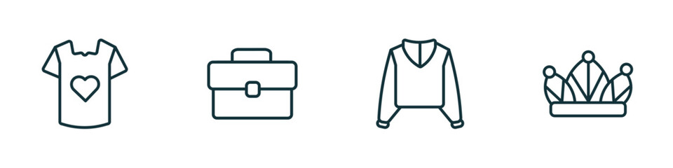 Poster - set of 4 linear icons from fashion concept. outline icons included t shirt with heart, office briefcase, sweater with hood, monarchy vector