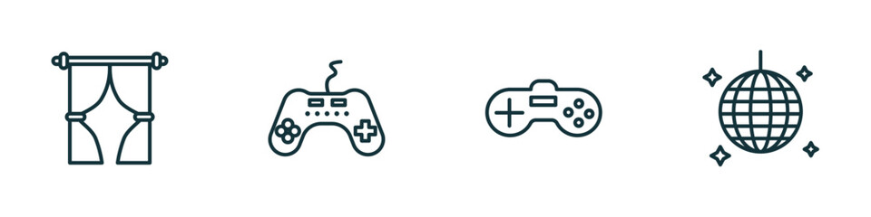 Poster - set of 4 linear icons from arcade concept. outline icons included curtain stage, controller, video game, nightclub vector