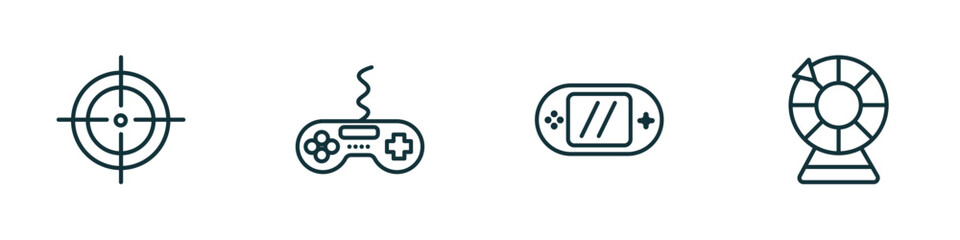 Wall Mural - set of 4 linear icons from arcade concept. outline icons included shooter, game, video console, lottery game vector