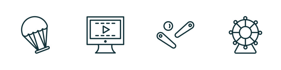 Poster - set of 4 linear icons from entertainment concept. outline icons included paraplane, video editing, pinball, spinning wheel vector