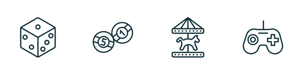 Poster - set of 4 linear icons from arcade concept. outline icons included dice, billiards, carousel horse, joystick vector