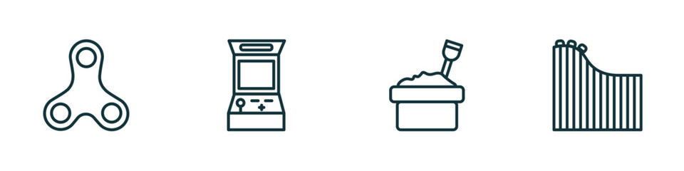 Poster - set of 4 linear icons from arcade concept. outline icons included spinner, arcade, sandbox, roller coaster vector