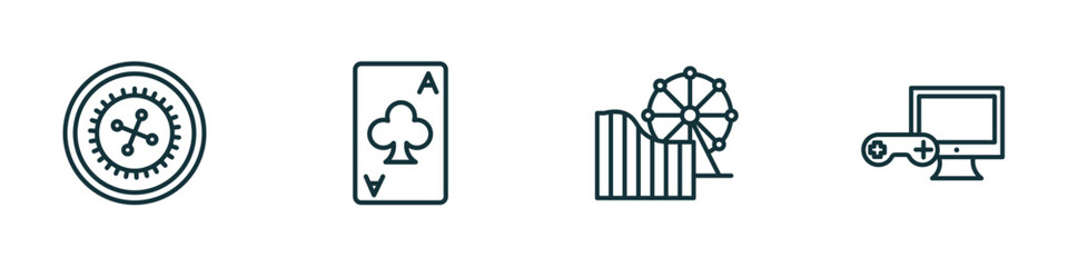 Poster - set of 4 linear icons from arcade concept. outline icons included roulette, ace of clubs, amusement park, pc game vector