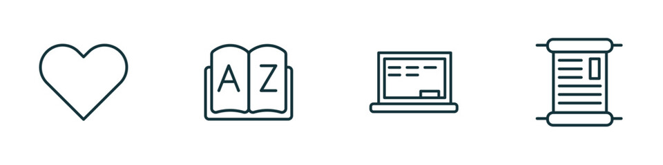 Poster - set of 4 linear icons from education concept. outline icons included love, dictionary, chalkboard, manuscript vector