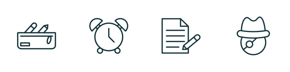 Poster - set of 4 linear icons from education concept. outline icons included pencil case, alarm clock, as, long john silver vector
