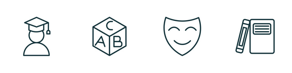 Poster - set of 4 linear icons from education concept. outline icons included student, block with letters, comedy mask, hardbound book variant vector