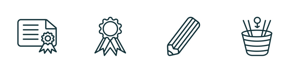 Poster - set of 4 linear icons from education concept. outline icons included diploma with seal, medallion, edit pencil, spacetime curvature vector