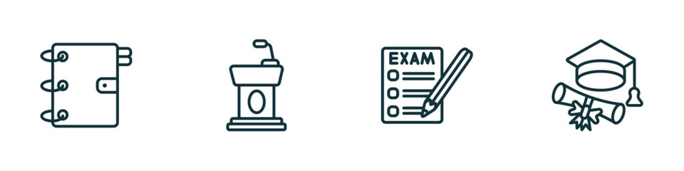 Poster - set of 4 linear icons from education concept. outline icons included school agenda, cell phone, exams, college graduation vector