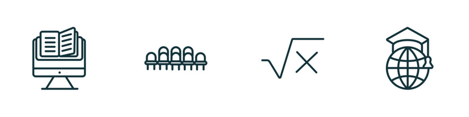 Poster - set of 4 linear icons from education concept. outline icons included studies, grandstand, square root in class, international graduate vector