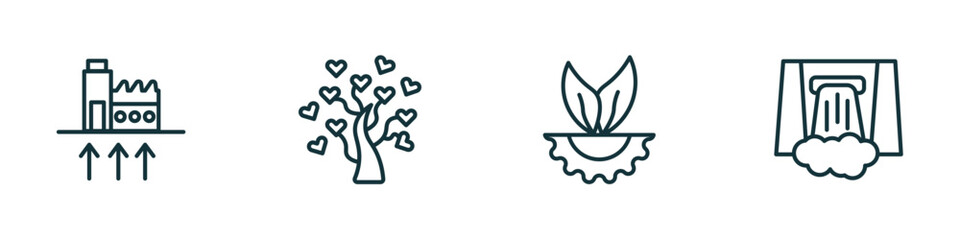 Poster - set of 4 linear icons from ecology concept. outline icons included geothermal energy, tree with hearts, eco industry, dam vector