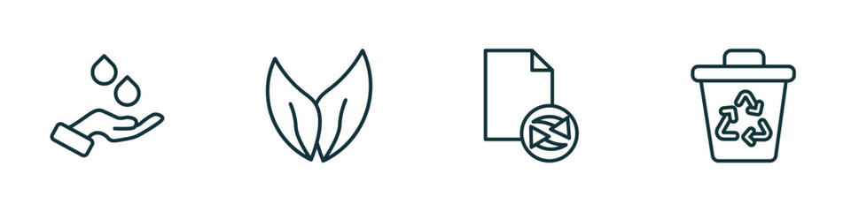 Poster - set of 4 linear icons from ecology concept. outline icons included raindrop on a hand, two leaves, recycled paper, recycle bin vector