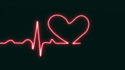 ekg heartbeat pulse rate glowing red love shaped neon light loop animated blue grid background. ekg 