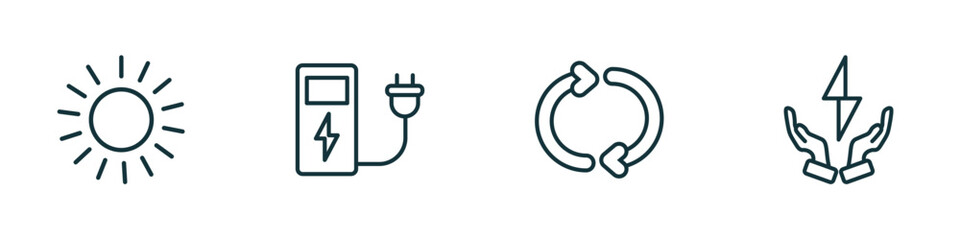 Poster - set of 4 linear icons from ecology concept. outline icons included sunlight, electric station, recycle arrows, green energy source vector