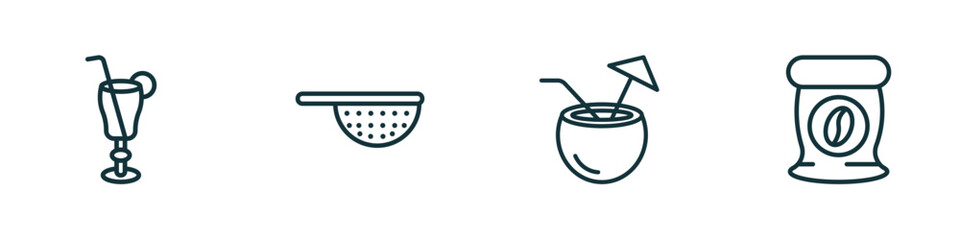 set of 4 linear icons from drinks concept. outline icons included tequila sunrise, sieve, malibu, coffee bag vector