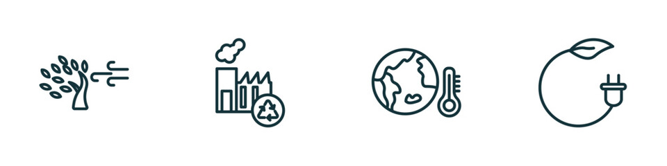 Poster - set of 4 linear icons from ecology concept. outline icons included wind bending tree, recycling fact