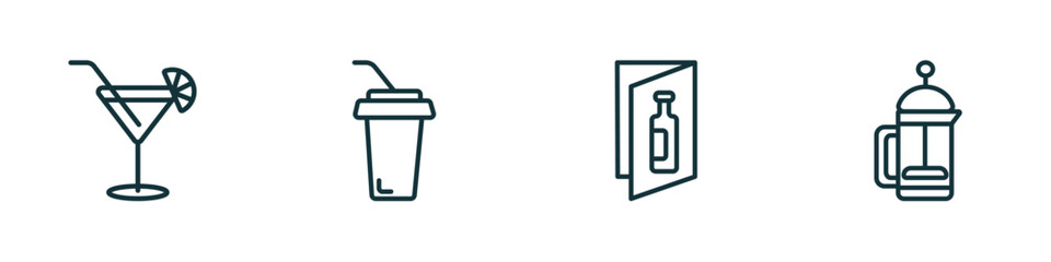 Poster - set of 4 linear icons from drinks concept. outline icons included cosmopolitan, soft drink, wine list, french press vector