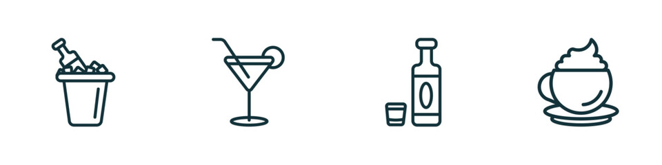 Poster - set of 4 linear icons from drinks concept. outline icons included ice bucket and bottle, cocktail, alcohol, cappuccino vector