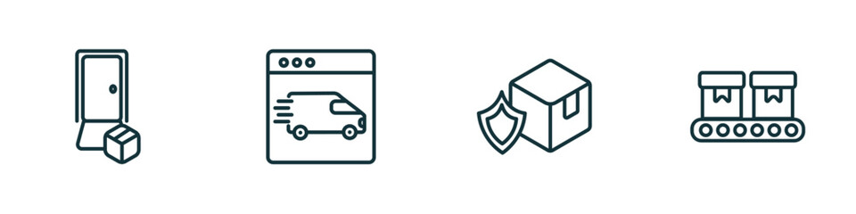 Poster - set of 4 linear icons from delivery and logistic concept. outline icons included delivery door, delivery by website, shield, conveyor vector