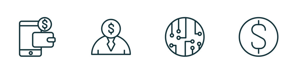 Poster - set of 4 linear icons from cryptocurrency concept. outline icons included digital wallet, banker, circuit, dollar vector