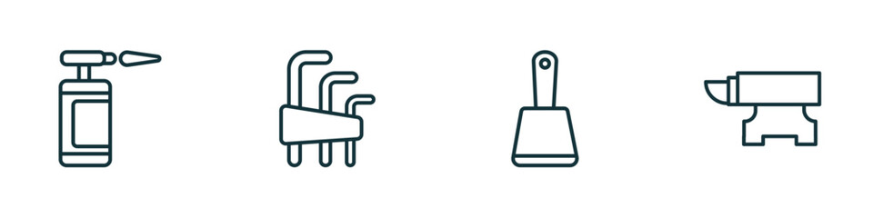 Poster - set of 4 linear icons from construction tools concept. outline icons included blowtorch, allen keys, bolster, anvil vector
